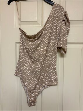 Good Luck Gem Taupe Polka Dot One-Shoulder Bodysuit